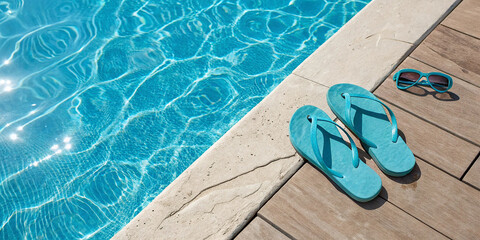 blue turquoise flip flops sandals by a swimming pool