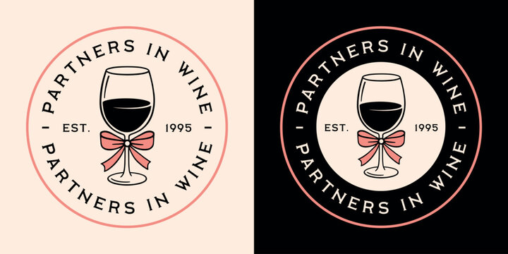 Partners in wine besties girls best friends Galentine's Day bachelorette party funny quotes matching round badge shirt design. Coquette glass with bow pink black aesthetic printable theme decor card.