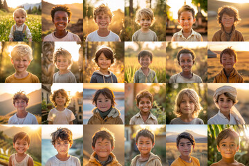 Portrait collage of joyful boys in natural outdoor settings at sunset