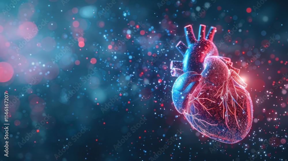 Poster 3d rendering of a human heart with glowing particles.