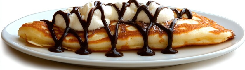 Delicious pancake topped with creamy whipped cream and rich chocolate sauce, served on a clean white plate, Perfect for food blogs, menus, and dessert promotions, Ideal for enticing connoisseurs,