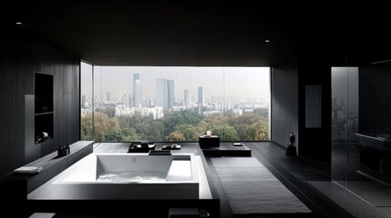 Modern Luxury Bathroom with Panoramic City View Surrounded by Nature, Featuring a Freestanding Bathtub and Sleek Interior Design Elements for Urban Living