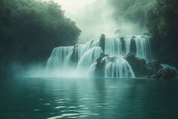 Fototapeta premium Serene Waterfall Landscape with Lush Greenery and Misty Atmosphere Evoking Tranquility in Nature's Embrace for Scenic and Outdoor Photography Projects