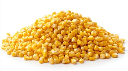Fresh Yellow Corn Kernels Pile on White Background Ideal for Healthy Cooking, Salad Preparation, and Nutritional Food Photography for Culinary Use and Recipes
