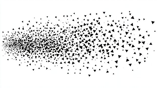 Abstract black triangles scattered in a dynamic pattern creating a sense of movement and depth on a white background suitable for creative design projects and art use