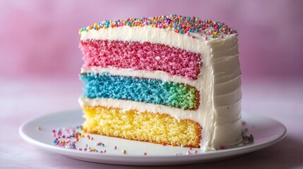 A delicious slice of rainbow layer cake with creamy frosting and sprinkles.