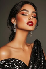 Glamorous Woman in Black Sequin Dress and Posing for Photo.Fictional Character Created By Generative AI