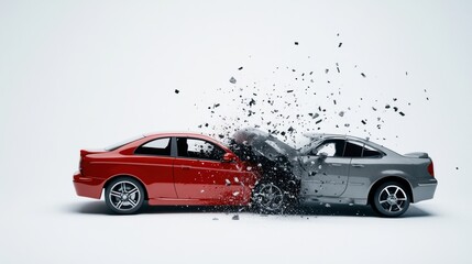 Moment of impact as a red car crashes into a gray car, shot in a flat composition with both vehicles positioned in a dynamic collision, against a clean white background, captured in 4K