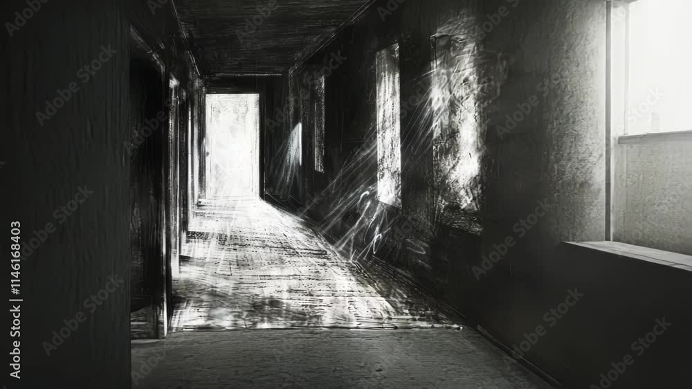 Poster a series of charcoal drawings depicting the invisible presence of dark matter in everyday objects an