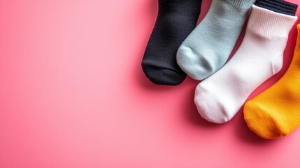Colorful socks arranged neatly on a pink background, ideal for fashion blogs, retail promotions, or merchandising materials, The fresh design adds a vibrant touch to any creative project,