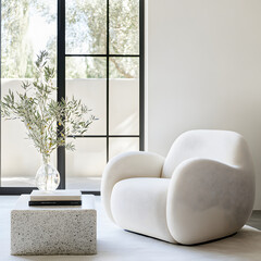 Contemporary seating area with a sculptural cream armchair set beside a low, terrazzo side table. The table holds a hand-blown glass vase with a single sprig of olive branches. 3D render.