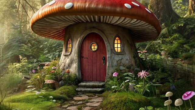 mushroom shaped house in the morning forest