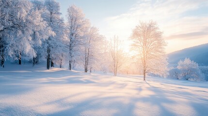 Majestic sunset over misty mountains and tranquil valley landscape in winter