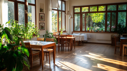 Obraz premium Bright and inviting cafe interior with sunlit tables and lush greenery in a tranquil setting