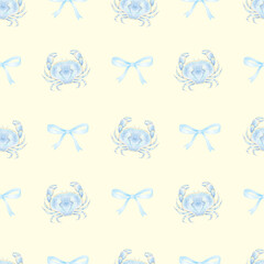 crab, bow. Watercolor seamless pattern in pastel colors. Cute seafood illustration for textile and wrapping paper