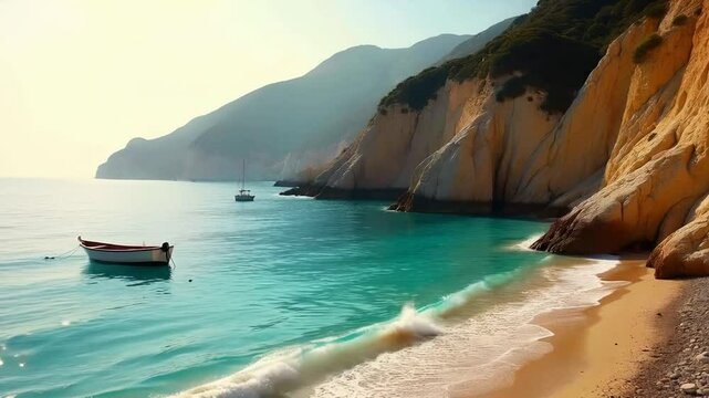 A beach capturing the dramatic cliffs and coves, with crystal-clear water lapping at the shore