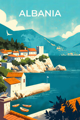Albania travel poster with a beautiful seaside town, houses and boats