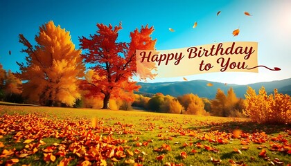 Autumnal Birthday Scene with Colorful Trees and Falling Leaves
