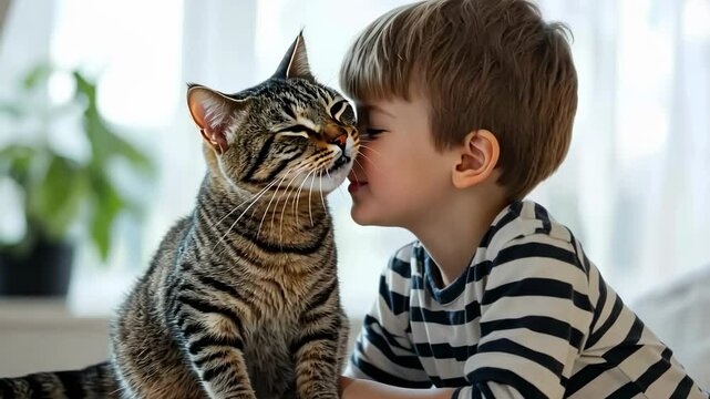 Cute boy kid kissing and hugging striped cat in cozy home. Child playing with cat. Kid and kitten. Little toddler snuggling pet animal sitting at table in sunny living room. Kids play with pets.