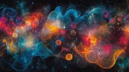 Obraz premium An abstract visualization of quantum data, featuring colorful entangled particles, glowing nodes, and swirling quantum waveforms against a dark background.