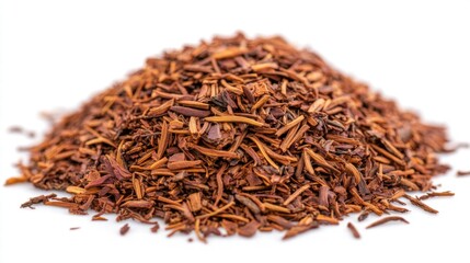 Pile of Loose Rooibos Tea Leaves on a Bright White Background, Natural Herbal Ingredient Perfect for Brewing Aromatic Drinks and Health Benefits