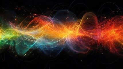 An abstract visualization of quantum data, featuring colorful entangled particles, glowing nodes, and swirling quantum waveforms against a dark background.