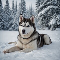 A Siberian husky with blue eyes resting in a snowy white landscape.