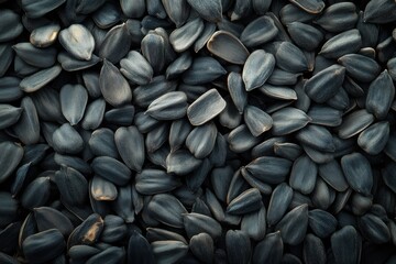 Close-Up View of Black Sunflower Seeds on a Dark Background Featuring Their Unique Shapes and Textures Ideal for Healthy Snack Themes and Culinary Purposes