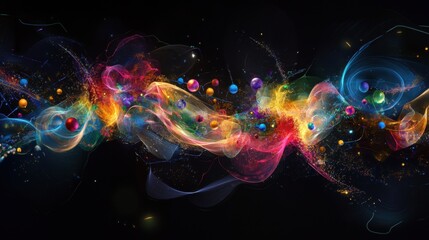 An abstract visualization of quantum data, featuring colorful entangled particles, glowing nodes, and swirling quantum waveforms against a dark background.