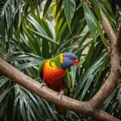 A rainbow lorikeet exploring a tropical garden.

