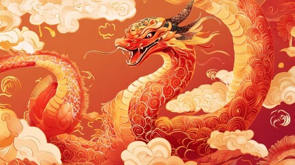 Obraz premium Chinese New Year 2025 vector illustration of Year of Snake cover, poster and sale banner. Chinese zodiac Snake symbol.