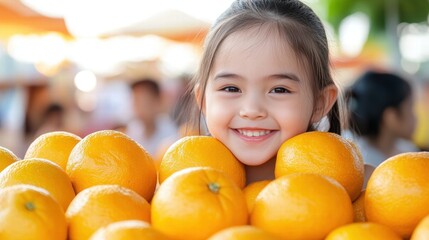 Young Girl Smiling with Fresh Oranges at a Fruit Market, Bright Sunny Day Capturing Joy and Happiness with Vibrant Colors and Natural Atmosphere