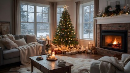Obraz premium Cozy living room with a beautifully decorated Christmas tree, glowing lights, and stockings hanging by the fireplace. Snow gently falls outside the window.