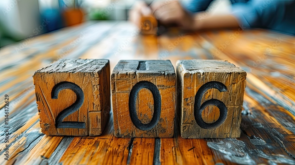 Poster a close-up of wooden blocks displaying the number 206 on a rustic table.
