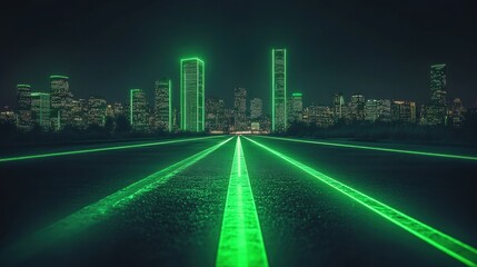 Neon Green Light Road Leading Towards Modern City Skyline Under Night Sky with Bright Lights and Sleek Architecture Creating a Futuristic Atmosphere