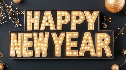 Happy New Year Marquee Light Text and Baubles on Dark Background.