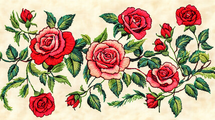 Embroidered floral pattern with detailed roses and leaves