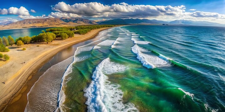 Stunning Drone View: Aerial Wide-Angle of Blue Lake Sevan Waves Crashing on Sandy Shore