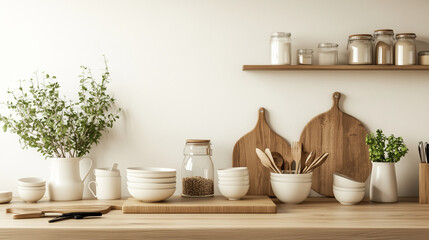 Charming kitchen countertop with white bowls, wooden utensils, and fresh herbs in minimalist decor