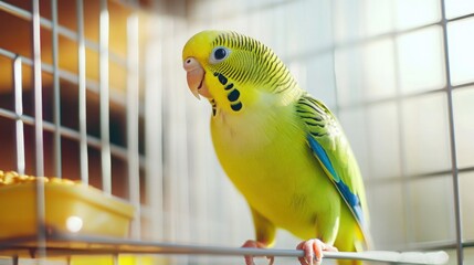 Obraz premium Happy green budgerigar perched in a cage enjoying its cozy home environment