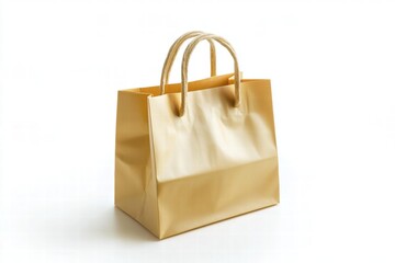 Stylish golden shopping bag with twisted paper handles on a white background, perfect for retail, gifts, promotions, or eco-friendly packaging solutions