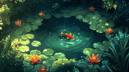 A happy fish swimming in a small pond surrounded by lilies