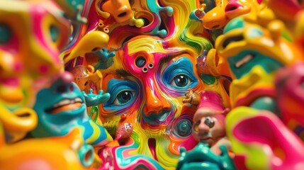Obraz premium Vibrant Psychedelic Abstract Art: A Colorful Face Surrounded by Grotesque Figures
