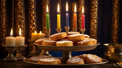 Naklejka premium A lit menorah with eight candles, surrounded by a plate of latkes and sufganiyot, with warm golden lighting from the candles.