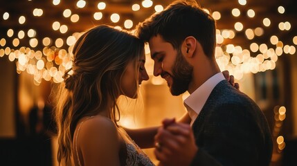 Couple dancing under warm string lights during an intimate celebration at night in a cozy venue