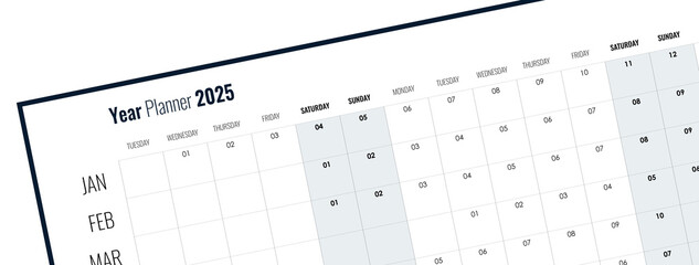 Top view of monthly calendar cards for new year 2025. Banner for the new year. Long and horizontal format. Isolated.