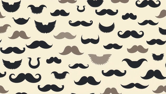 various mustache shapes in black and grey on a light background.Playfulness. Fun. Masculine Style.Men's fashion, quirky pattern, design concept, fashion poster, event promotion, beard and mustache des