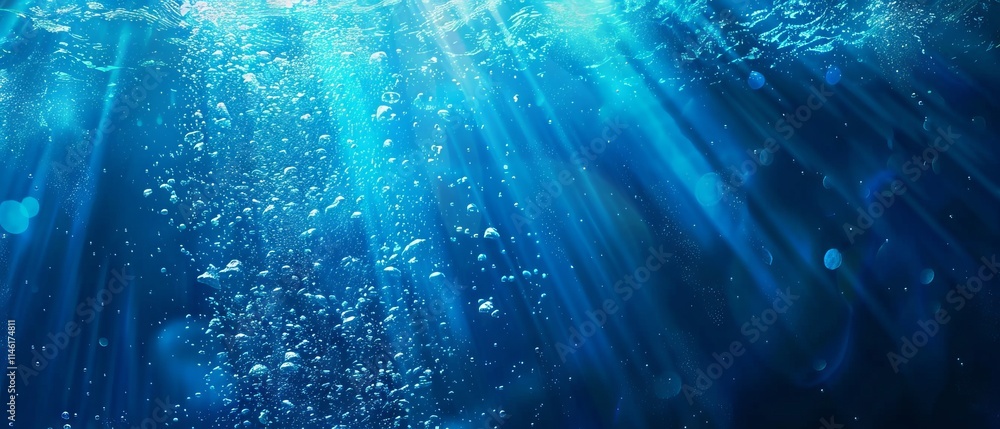 Poster blurry blue water surface with shimmering bubbles and gentle splashes, illuminated by sunlight, crea