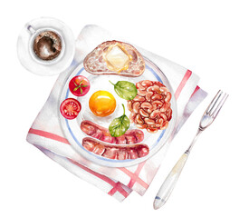 Watercolor fried egg with sausages, fresh spinach leaves, toast, tomatoes, beans, coffee and fork