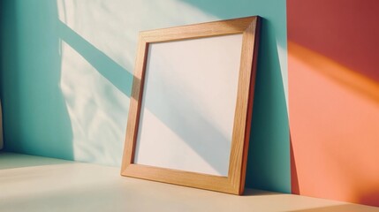 a picture frame sitting on a shelf next to a wall